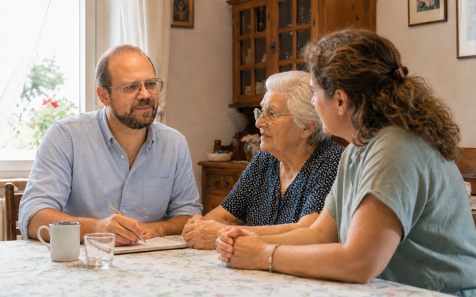 Davide incontra una famiglia per organizzare la ricerca di una badante